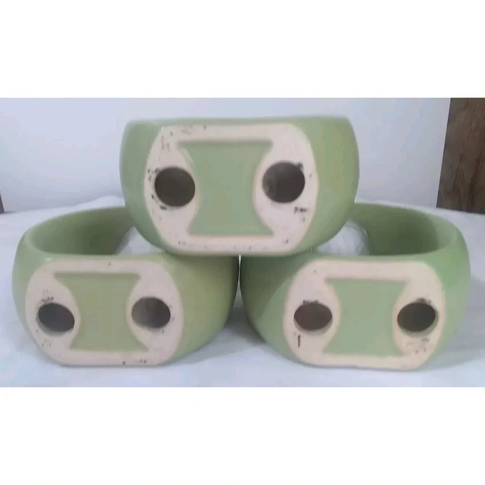 Circular Bud Vases (3) Ceramic Green Plastic Insert Art Deco MCM‎ 5 Inch